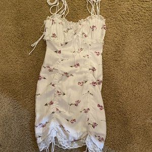 Skylar and Madison white dress with purple/pink flowers and tie straps